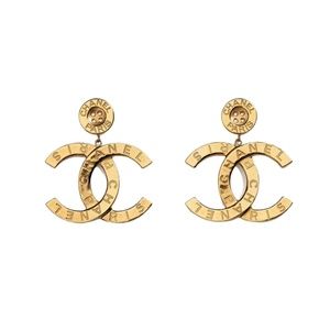 CHANEL RUNWAY BUTTON METAL LOGO LARGE DANGLE DROP STATEMENT EARRINGS (2021)